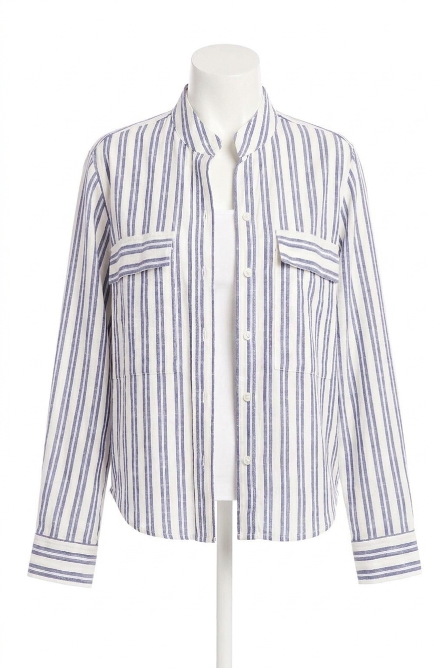 NEW KAREN KANE sevil stripe shirt jacket in white with denim blue stripes